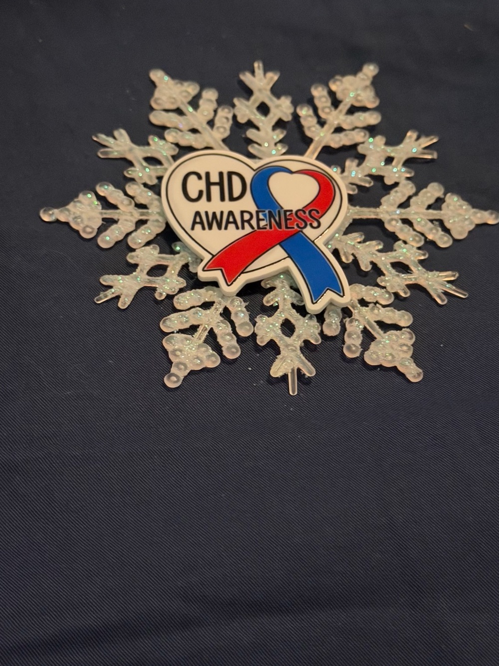 CHD Awareness Snowflake Ornament - White with Red & Blue Ribbon